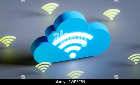Konzept mit Cloud-Server-Symbolen und wlan-Symbolen, 3D-Rendering Stockfoto