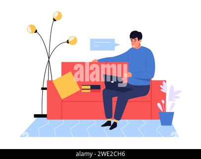 Mann, der online mit Laptop arbeitet. Arbeiter, der zu Hause bleibt und eine ferne Arbeit hat. Angestellter, der auf der Couch sitzt und kommuniziert Stock Vektor