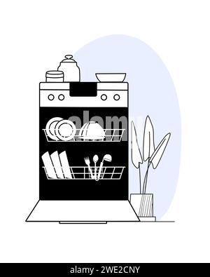 Geöffneter Geschirrspüler mit Tellern, Schüsseln, Löffeln, Gabeln und anderem Geschirr. Nahaufnahme Küche Innenraum lineare Illustration. Stock Vektor