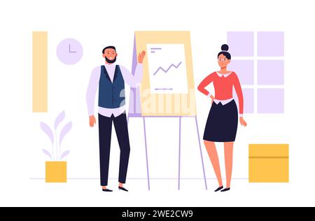 Teamarbeit im Unternehmen. Mann und Frau, die finanzielle Präsentation geben. Männliche Zeichentrickfigur mit Diagramm Stock Vektor