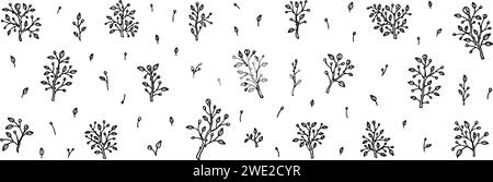 Set von Frühlingsblumenzweigen. Blühende Pflanze mit Knospen und Blättern lineare Vektorillustration. Line Art Logo, Hochzeit, Grußkarte Design Element. Stock Vektor