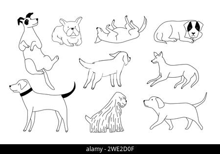 Niedlicher Doodle-Hund. Pelzige, verspielte Haustiere verschiedener Rassen. Niedliche Hundekonturen in verschiedenen Positionen Stock Vektor