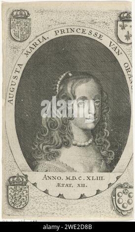 Porträt von Maria Henrietta Stuart, Prinzessin von Orange, Paulus Lesire, 1643 Porträt von Maria Henrietta Stuart, Prinzessin von Orange, im Alter von zwölf Jahren. Das Porträt ist von vier Wappen umgeben. Papierätzung/Buchdruck Stockfoto