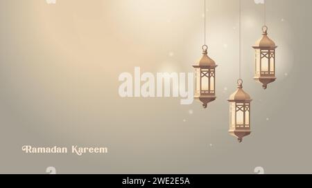 Goldene marokkanische Laternen hängen. Arabische Lichter mit Kerzen, die nachts leuchten. Vintage fanous. Verschwommener Hintergrund, Bokeh-Lichter. Ramadan kareem, eid Stock Vektor