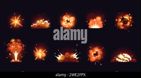 Cartoon-Explosionen. Comic-Fantasy-Explosionseffekt mit Feuer und Rauch, explosionsfähiger Sphäre und Waffendetonation, UI-Spielelemente-Sprite-Grafik Stock Vektor