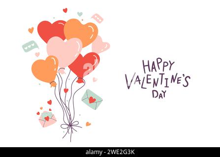 Valentinskarte. Briefe mit Ballons mit Liebeserklärung. Handschrift auf weißem Hintergrund. Flacher STYLE. Illustration des Zeichentrickvektors Stock Vektor