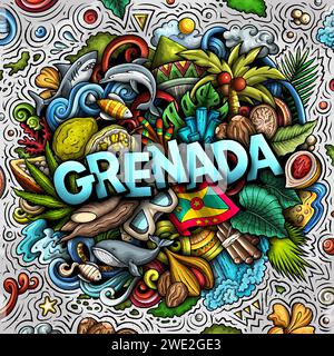 Vektor lustige Kritzelillustration mit Grenada Thema. Lebendiges und auffälliges Design, das das Wesen der nordamerikanischen Kultur und Traditionen widerspiegelt Stock Vektor