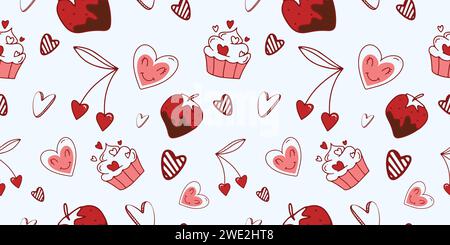 Nahtloses Muster zum Valentinstag mit Herz- und Liebeselementen auf weißem Hintergrund. Vektor Doodle Thema Set, Romantik für Karten, Banner, Flyer, Stock Vektor