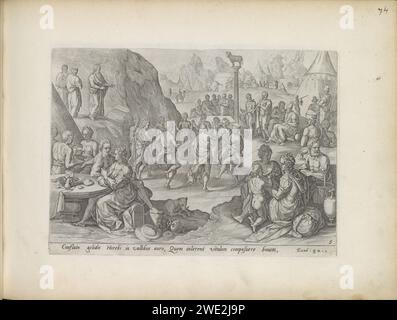 Tanz rund um das Goldene Kalb, 1643 Druck das jüdische Volk tanzen und musiziert um eine Säule mit dem Goldenen Kalb. Ein fest wird im Vordergrund gegessen. Links auf einem Hügel bricht Moses die Tabellen des Gesetzes auf dem Boden. Unter der Aufführung ist ein lateinischer Verweis auf den Bibeltext in Ex. 32: 1. Dieser Ausdruck ist Teil eines Albums. Amsterdamer Papier, auf dem die Menschen um das goldene Kalb tanzen  Exodus. Die Menschen, die das goldene Kalb verehren. Als Moses die Götzendiener sieht, bricht er den Tisch des Gesetzes Stockfoto