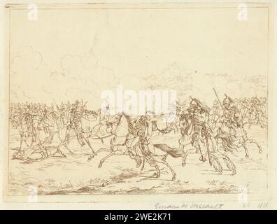 Tod des Herzogs von Brunswijk bei Quatre-Bras, 1815, Gerardus EMAUS DE MICAULT, 1818 Print Reiterkampf. Im Vordergrund wird der Herzog von Brunswijk von einem Kavalleristen erschossen, der hinter ihm fährt. Niederlande Papierätzung Stockfoto