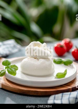 Frischer italienischer Käse auf weißer Kreisplatte. Weißer Burrata- oder Burratina-Käse, dekoriertes Basilikum und Tomaten. Weiche weiße Burrata-Käsekugel auf verschwommenem grünem Hintergrund. Vertikal. Kopierbereich Stockfoto
