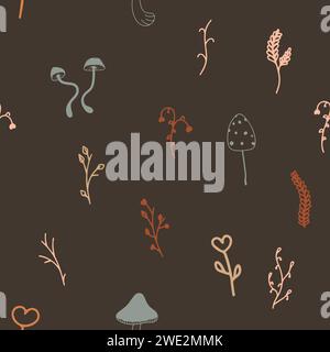 Nahtloses Herbst- und Sommermuster mit Pilzen und Blättern Stock Vektor