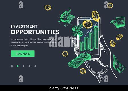 Investment, Markthandel, Online-Management-Konzept für Geldfinanzierungen. Hand gezeichnete Vektorfarbe Kreideskizze Illustration der mobilen Handelsbank Anwendung Stock Vektor