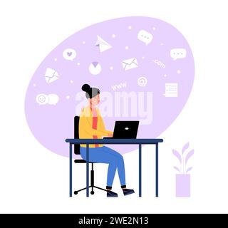 E-Mail- und Messaging-Konzept. Frau, die am Schreibtisch sitzt und am Laptop arbeitet. Weibliche Figur, die Korrespondenz empfängt Stock Vektor