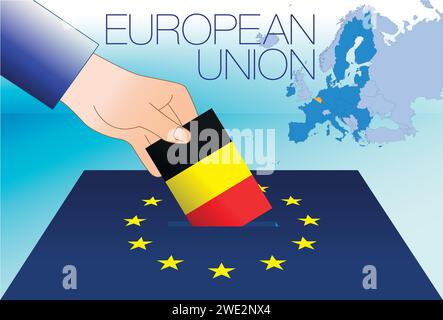 Europäische Union, Wahlbox, Wahlen zum Europäischen parlament, belgische Flagge und Karte, Vektorillustration Stock Vektor