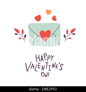 Valentinskarte. Brief mit Herz mit Liebeserklärung und Handschrift auf weißem Hintergrund. Flacher STYLE. Illustration des Zeichentrickvektors Stock Vektor