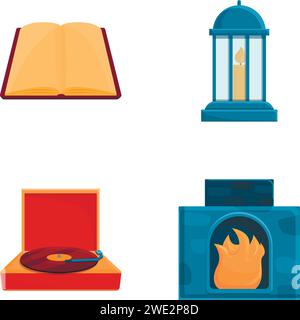 Icons für Innenelemente setzen den Cartoonvektor. Kamin, Drehscheibe und offenes Buch. Freizeit und Hobby zu Hause Stock Vektor