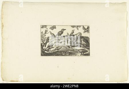 Ein Hopfen mit verschiedenen Vogelarten, Anonym, nach Nicolaes de Bruyn, 1581 - 1652 drucken verschiedene Vogelarten fliegen und spazieren um einen Hopfen. Oben rechts ein Schmetterling. Kopie des Druckes aus der Serie von Orn Cat I-37,9 Amsterdam (möglicherweise) Papierstich Stockfoto