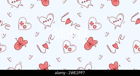 Nahtloses Muster zum Valentinstag mit Herz- und Liebeselementen auf weißem Hintergrund. Vektor Doodle Thema Set, Romantik für Karten, Banner, Flyer, Stock Vektor