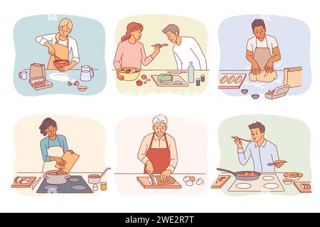 Comic-Leute kochen. Männer und Frauen bereiten Essen vor. Ein Paar in der Küche. Person, die Gebäck backt. Zubereitung des Mittagessens. Abendessen oder Frühstück. Hausgemachte Mahlzeiten Stock Vektor