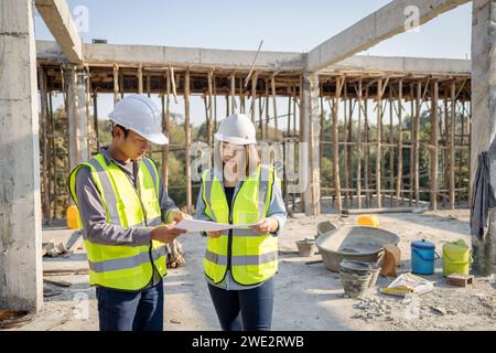 Bauingenieur, Team von Bauingenieuren spricht mit Managern und Bauarbeitern auf der Baustelle. Haus- und Industriebau Stockfoto