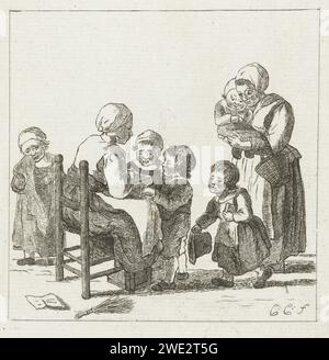 Schulklasse, Pieter de Mare, nach Christina Chalon, 1777 - 1779 drucken Eine Kinderschule. Ein Lehrer sitzt auf einem Stuhl und liest Kindern die Lektion aus einem Buch vor. Rechts kommt eine Mutter, um ihre Tochter zu holen. Links weint ein Mädchen. Unter dem Stuhl des Lehrers ist eine Stange. Leiden Papier ätzt schelmisches Kind (in der Schule). Kindergarten. Lehrer und Schüler. Rute, Birke  Strafe in der Schule Stockfoto