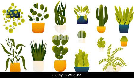 Zimmerpflanzen in Töpfen. Comic-dekorative Pflanzen in Vasen, Monstera-Blatt und Kakteen, alocasia und Philodendron in Vase. Vektorflacher Satz Stock Vektor