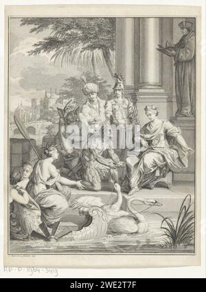 Allegory at Rotterdam Trade, Jan Punt, 1750 gedruckte Personifizierungen der vier Kontinente - Amerika mit Zaun und Rock, Afrika mit Elefantenhut und Stoßzähn, Asien mit Turban und Turban und Europa mit Rüstung und Zepter - bieten der Stadt Jungfrau Rotterdam Geschenke. Hinter ihr eine Statue von Erasmus. Im Vordergrund eine Nymphe auf einem Auto, die durch Schwäne auf dem Fluss gezogen wurde. Im Hintergrund ein Stadtbild mit der Sint-Laurenskerk. Rotterdam Papiergravur / Gravur Personifizierungen von Ländern, Nationen, staaten, Bezirken usw. (+ Nation; national). Europa war allegorisch vertreten; "Europa" (Ripa). Asien Stockfoto