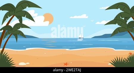 Sandstrand mit Palmen und Yacht in der Ferne. Tropisches Resort. Meereslandschaft. Sandstrand am Meer. Sommerlandschaft. Himmel Sonne und Wolken. Ozean Stock Vektor