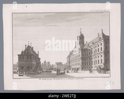Blick auf den Dam-Platz in Amsterdam mit dem Rathaus und dem Waag, Jan Caspar Philips, nach Cornelis Pronk, 1743 drucken Ansicht des Dam in Amsterdam. Oben rechts ist es: 'Vereen. Nederl. Teil V, S. 28'. Palast mit Papierätzung Königlicher Palast Amsterdam. Dam Stockfoto