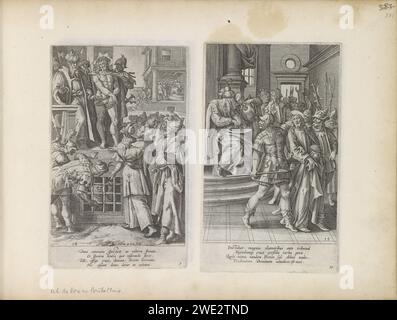 Pilatus wäscht seine Hände in Unschuld, 1643 Druck Christus wird zum Tode verurteilt und entfernt. Pilatus wäscht seine Hände in Unschuld. Vor der Menge wäscht er sich die Hände in einer Schüssel Wasser. Unter der Show eine vierzeilige Strophe in lateinischer Sprache. Unten rechts stehen die Buchstaben gg. Dieser Ausdruck ist Teil eines Albums. Amsterdamer Papierstich Pilate, der seine Hände wäscht (in Unschuld) Stockfoto