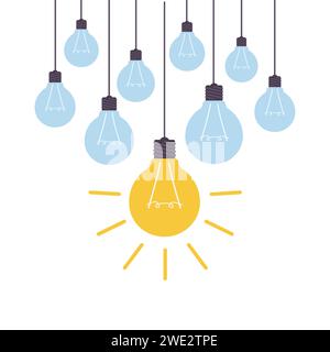 Hängende Glühbirnen mit einer von ihnen glühend. Kreative oder innovative Idee. Einzigartige Einblicke. Erfolgreich oder nicht erfolgreich. Glühlampengruppe. Geschäftslösung Stock Vektor