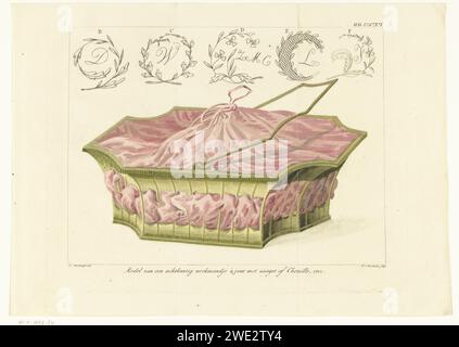 Geflochtener achteckiger Korb mit Stoffpolsterung und Studien von Blumenschmuck mit Buchstaben, Frederik Christiaan Bierweiler, nach Cornelis Borsteegh, 1793 - nach 1831 Druck Amsterdam Papier-Ätzbehälter aus anderem Pflanzenmaterial als Holz: Korb. Pflanzen; Vegetation (+ Zierpflanzenvarianten) Stockfoto