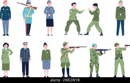 Flache Militärfiguren. Männliche Frauen tragen Uniform. Profis, Soldaten, Offizier und Kommandant. War Character Letzte Vektorgruppe Stock Vektor