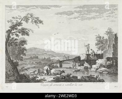 Landschaft mit Fischern und Hirten mit Herde für Fluss, Fabio Berardi, nach Giuseppe Zais, 1738 - 1767 drucken Eine Landschaft mit einem Hirten mit seinen Ochsen am Fluss. Rechts zwei Fischer am Ufer. Im Hintergrund ein Reiter zu Pferd und eine Figur zu Fuß auf einer Brücke. Unten links: 77 und unten rechts: Nr. 3. Druckerei: Italien Verlag: Venedig Papier ätzt Landschaften. Überqueren eines Flusses. Hirten, Hirten, Hirten, Hirten, Hirten, Hirten, Hirten, Kuhhirte usw. Herde, Herde. fischer Stockfoto