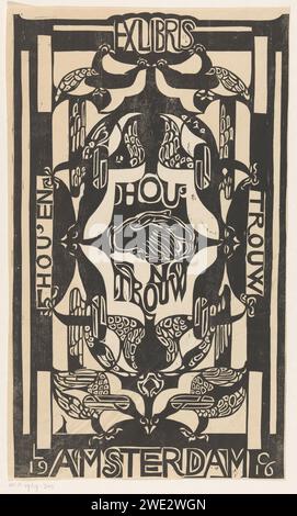 Ex Libris der Hou'en Trouw Association, Carel Adolph Lion Cachet, 1916 Druck in der Mitte zwei Hände, die sich gegenseitig schütteln. Links vertikal 'Hou' und ', rechts vertikal' Faithful '. Stilisierte Vögel oben und unten. Amsterdam Papier schüttelt die Hände, 'Dextrarum junctio'. Vögel Amsterdam Stockfoto