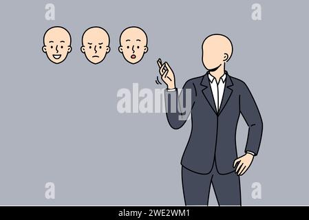 Ein gesichtsloser Geschäftsmann wählt ein Maskengesicht mit verschiedenen Emotionen, um die Fähigkeit zu verstehen, mit der Stimmung umzugehen. Geschäftsmann im formellen Anzug, der geeignete Emotionen auswählt, um sie während der Verhandlungen zu manipulieren Stock Vektor