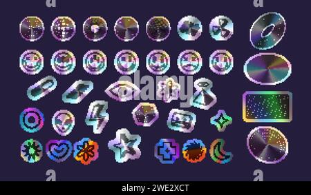 Holografische Aufkleber. Y2K metallischer Verlaufsaufkleber, glänzende Holo Textur Retro Ikonen trendige Hype Lächeln Starburst Symbol, saures Regenbogen Hologramm, realistische Vektor Illustration des holographischen Aufklebers Stock Vektor