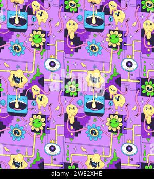 Trippiges Smiley-Muster. Psychedelische nahtlose Tapete, Dope Trip verrückte Smileys Säure Konzept Kunst Hintergrund, Lächeln Cartoon Gesicht Kritzele abstraktes Poster Klasse Vektor Illustration von psychedelischen Muster Stock Vektor