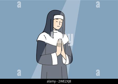 Die Nonne betet zu Gott mit gefalteten Palmen vor der Brust und geschlossenen Augen während des Rituals, stehend unter Lichtstrahl in der Kathedrale. Die katholische novizenkathedrale betet für die Einhaltung christlicher Traditionen Stock Vektor