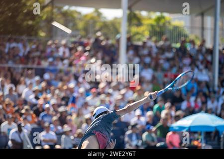 Amateur spielt Tennis bei einem Turnier. Professinaler Tennisspieler, der vor einer überfüllten Tennisgruppe von Tenniszuschauern dient und das Tennis i beobachtet Stockfoto