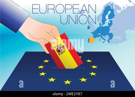 Europäische Union, Wahlbox, Wahlen zum Europäischen parlament, spanische Flagge und Karte, Vektorillustration Stock Vektor