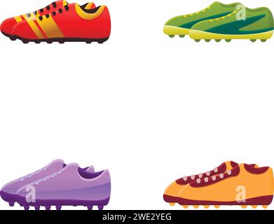 Fußballschuhsymbole setzen Cartoon-Vektor. Verschiedene Fußballschuhe. Sportausrüstung Stock Vektor