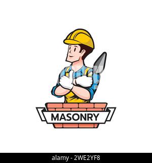 Das Builder Maurer Logo Icon isolierte Mauerwerk Cartoon Stil männlicher Charakter auf weißem Hintergrund Vektor Illustration Stock Vektor