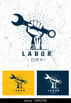 Satz des Logos des Labor Day Konzepts mit Mann, der Schlüsselvektor-Logo hält, Labor Day T-Shirt-Design, amerikanische Banner-Vorlage auf weißem Hintergrund Vektor Stock Vektor