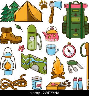 Camping Outdoor-Elemente. Isolierter Stiefel und Zelt im Wald, Metallbecher und Wasserkocher. Lagerfeuer und touristischer Wanderrucksack, neoterische Vektor-Clipart Stock Vektor