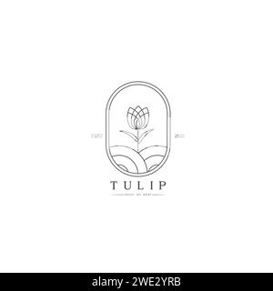 Schöne einfache Tulpenknospe mit Blättern Design für Logo, stilisiertes Bild der Tulpenknospe Logo Vorlage, Tulpenlinie Kunst minimal auf weißem Hintergrund Vektor i Stock Vektor