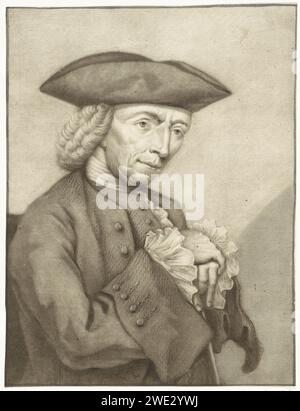 Porträt von Hendrik Spilman, Pieter Louw, 1743–1800 drucken der Druckmacher, Zeichner und Maler Hendrik Spilman. Er lässt seine Hände übereinander falten und auf seinem Gehstock ruhen. Amsterdamer Papierporträt, Selbstporträt des Künstlers. Kopfbedeckung: Hut (+ Herrenkleidung) Stockfoto