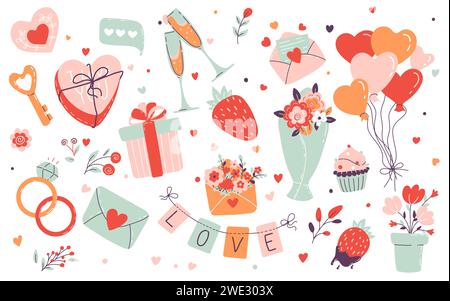 Valentinstag Elemente Vektor-Set. Geschenke, Herzen, Umschläge, Desserts, Blumensträuße und Schlösser isoliert auf weißem Background. Flacher STYLE. Cartoon Stock Vektor