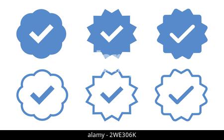 Mit blauem Häkchen verifizierte Symbolgruppe mit Füllung und Kontur. Blaues Häkchen, rechts, V, Verifizierungssymbol. Symbol für Akzeptieren, Abstimmung, Auswahl zur Verwendung in Apps, Profil Stock Vektor